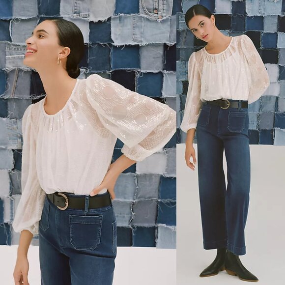 NWT EVA FRANCO ANTHROPOLOGIE Sheer Sequined Blouse White Size XLp - Picture 2 of 10